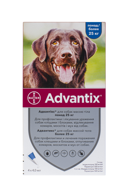Краплі Elanco (Bayer) Advantix (Адвантікс) від заражень екто паразитами для собак понад 25 кг 1 піпетка