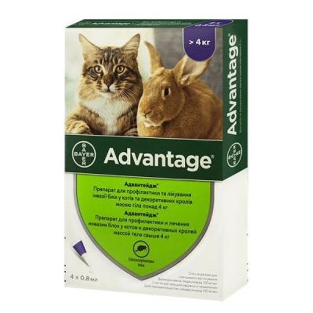Краплі Bayer Advantage (Адвантейдж) 80 від заражень блохами для котів і кроликiв понад 4 кг 1 піпетка