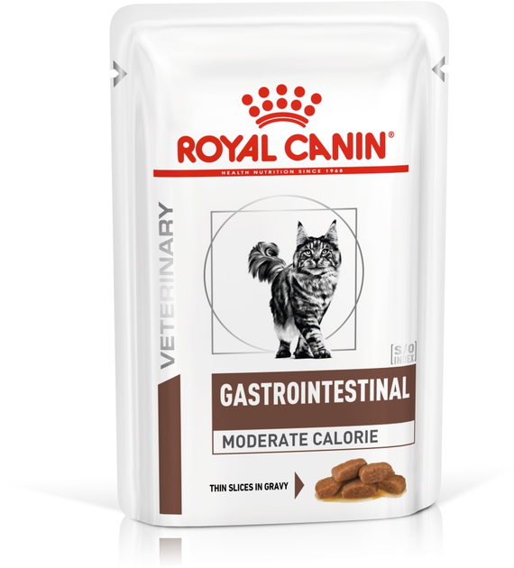 Упаковка вологого корму для кішок при розладах травлення Royal Canin Gastrointestinal Moderate Calorie (скибочки в соусі) по 85 г