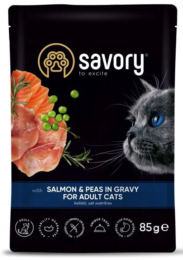 Вологий корм для котів з лососем та горошком у соусі Savory 85 г