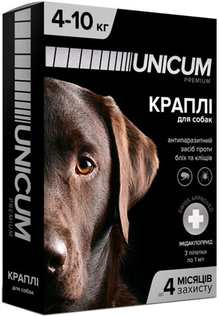 Краплі Unicum Premium проти бліх і кліщів на чубку для собак масою 4-10 кг