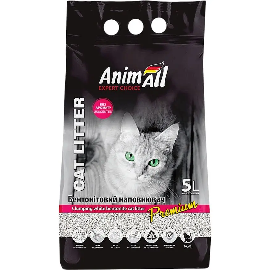Бентонітовий наповнювач для котячого туалету AnimAll без запаху білий 5 кг