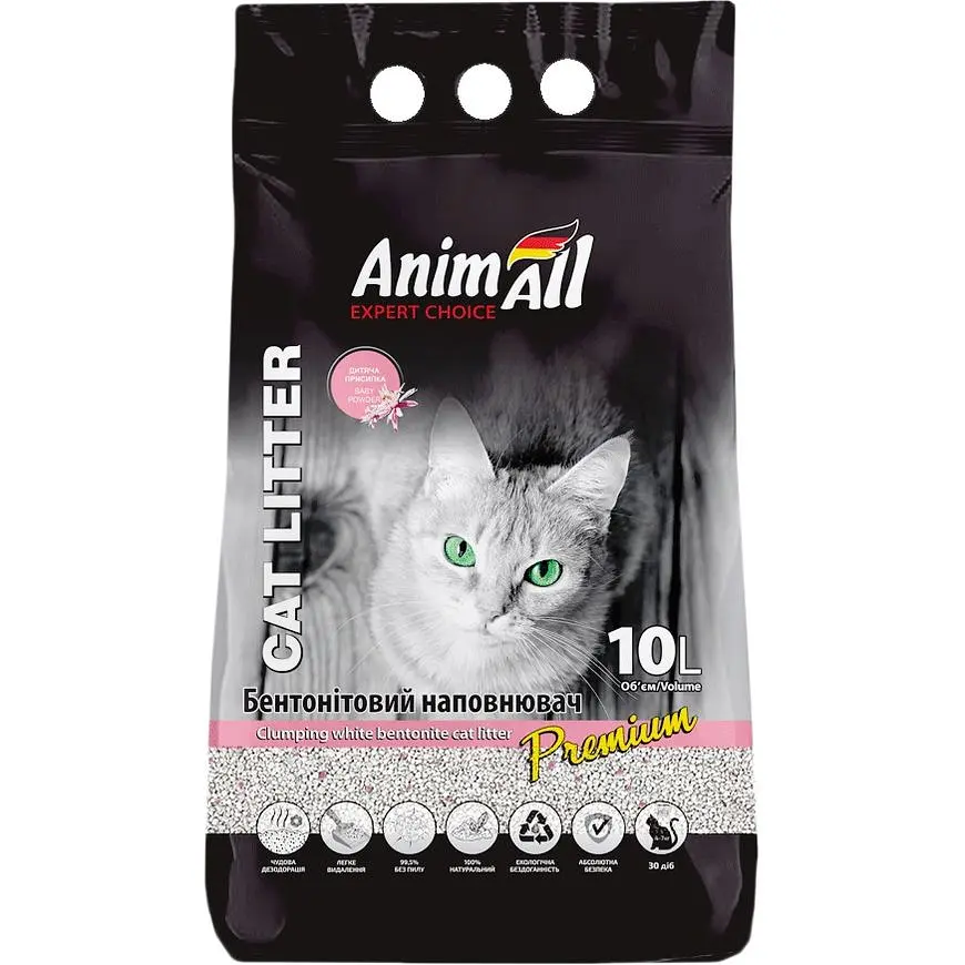 Бентонітовий наповнювач для котячого туалету AnimAll з ароматом дитячої пудри 10 л