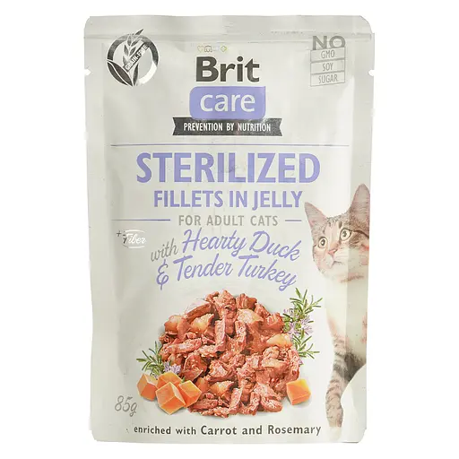 Беззерновий вологий корм для кастрованих котів Brit Care Cat pouch качка та індичка в желе 85 г