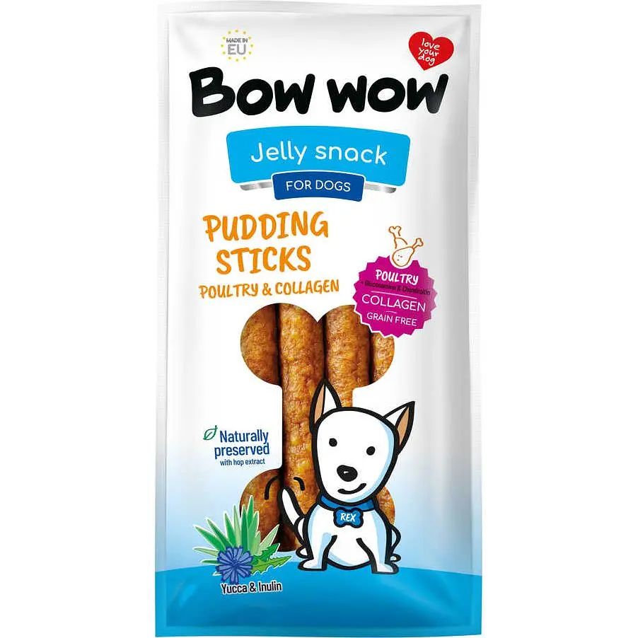 Ласощі для собак Bow wow пудингові палички з птиці, колагену, юки та інуліну 6 шт