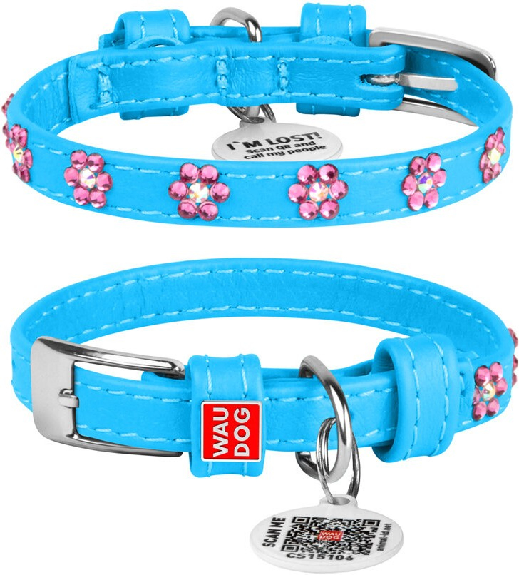 Нашийник блакитний для собак шкіряний WAUDOG Glamour Квіти 19-25 см