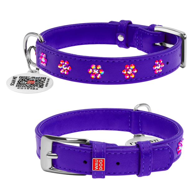 Нашийник фіолетовий для собак шкіряний WAUDOG Glamour з клейовими стразами Квіти 27-36 см