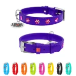 Нашийник фіолетовий для собак шкіряний WAUDOG Glamour з клейовими стразами Квіти 27-36 см-1