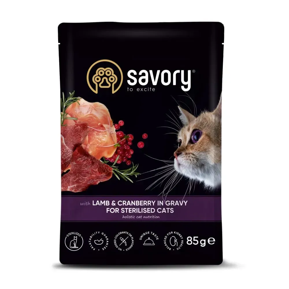 Savory Sterilized упаковка вологого корму для котів з ягням та журавлиною 85 г