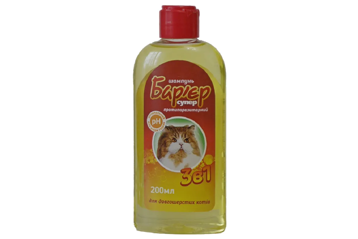Шампунь для довгошерстих котів Бар'єр Супер 3 в 1 протипаразитарний 200 мл