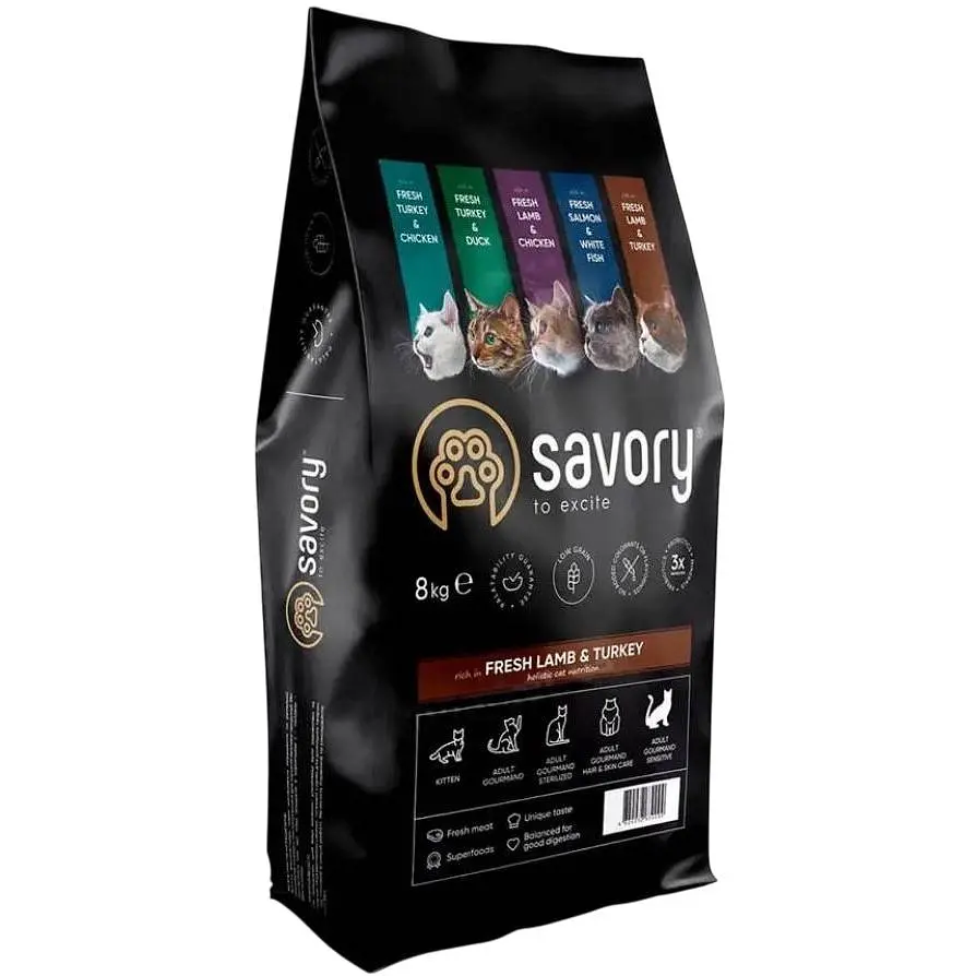 Сухий корм для котів з чутливим травленням Savory Adult Cat Sensitive Digestion Fresh Lamb & Turkey зі свіжим м’ясом ягняти та індички 8 кг