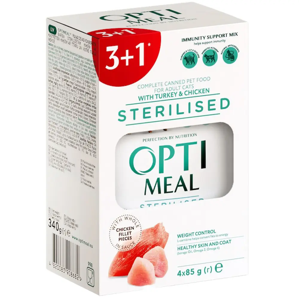 Упаковка повнораціонного консервованого корму Optimeal для стерилізованих кішок і кастрованих кішок з індичкою та курячим філе в соусі 340 г (4 шт. по 85 г)
