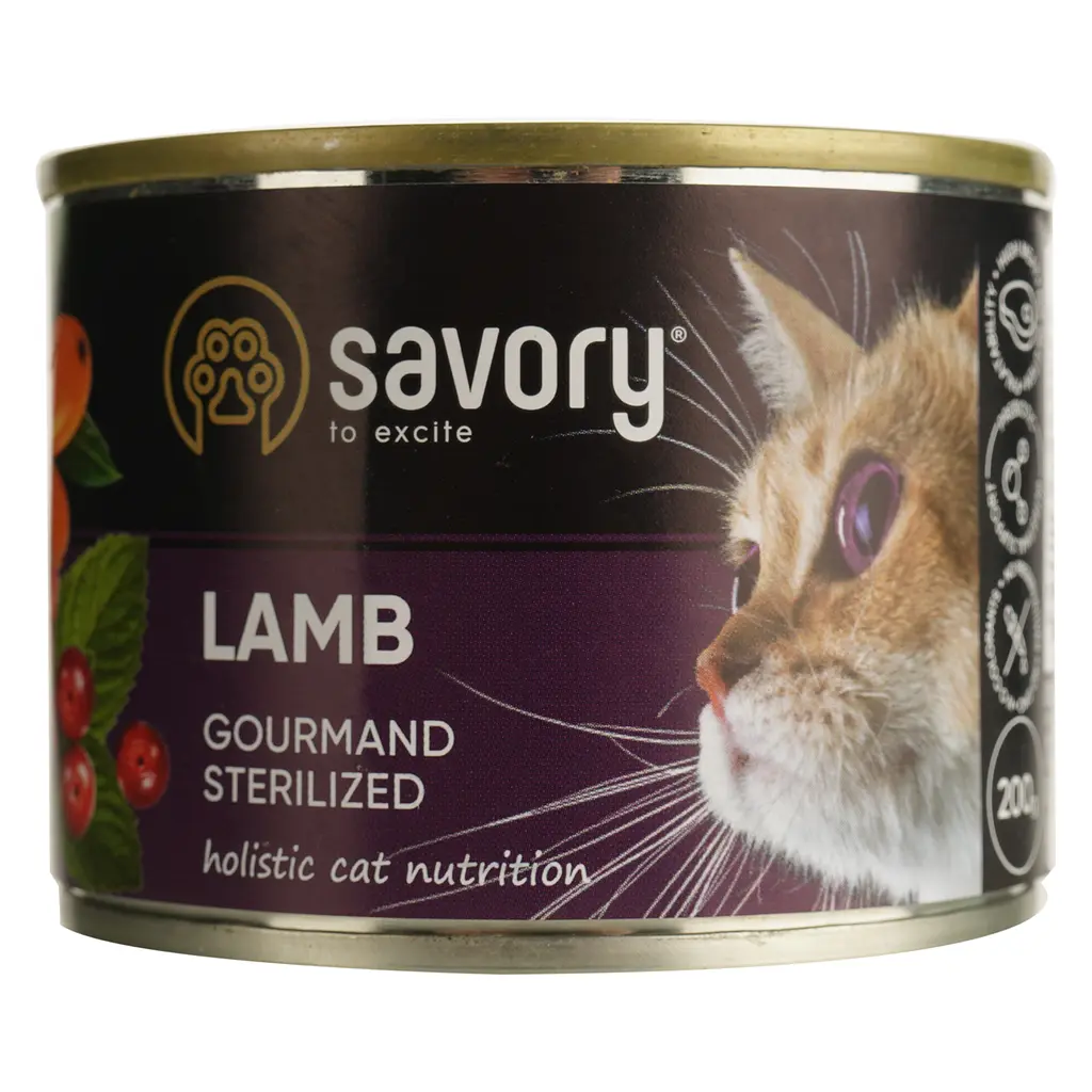 Вологий корм для дорослих стерилізованих кішок Savory Cat Can Adult Sterilised з ягням 200 г