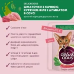 Вологий корм для котів Delickcious Шматочки з качкою, курячим філе і шпинатом в соусі 85 г-1