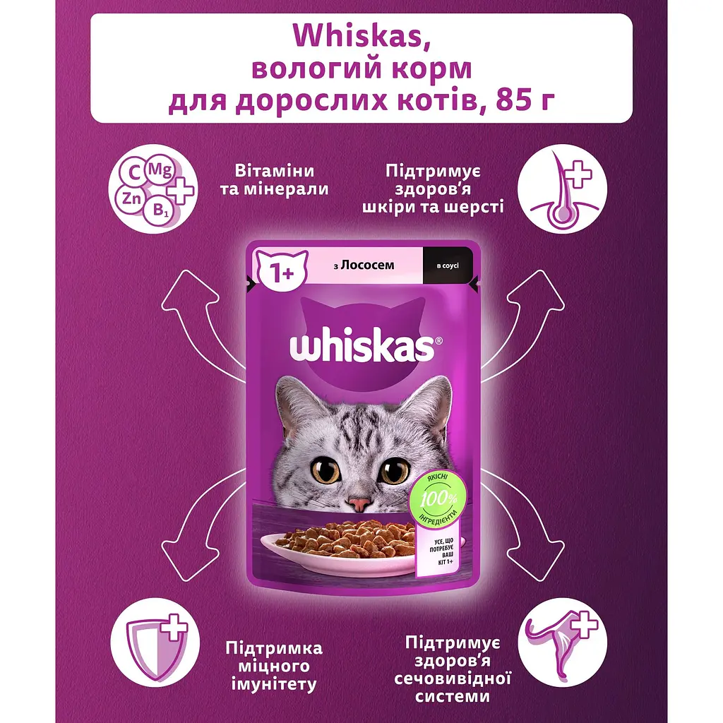 Вологий корм для котів Whiskas з лососем у соусі 85 г-6