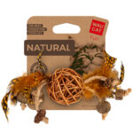 Іграшка для котів WAUCAT Fun Natural Плетений м’ячик з дзвіночком і пір’ям, дерево, перо, котяча м’ята, джутова мотузка, 20 см-2