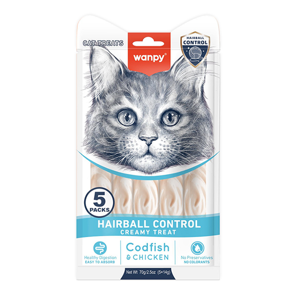 Wanpy Functional Creamy Lickable Treat Hairball Contro Ванпі рідкі ласощі для виведення шерсті для котів 5 шт по 14 г